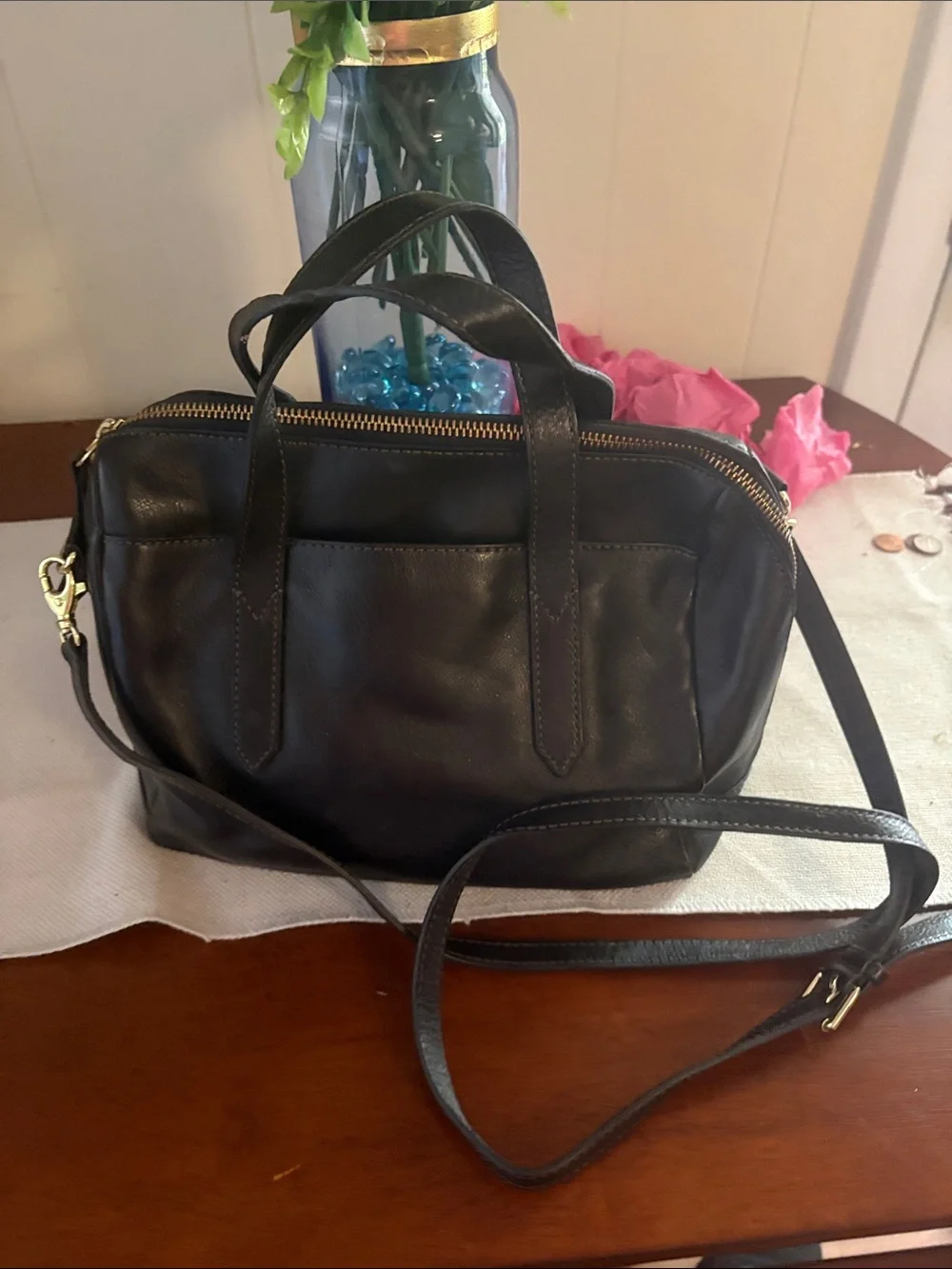 Fossil Black Leather Dome Satchel with Gold Hardware